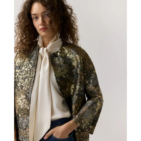 Ann Mashburn Reed Evening Coat in Brown/Gold Metallic Floral Jacquard