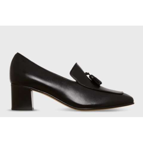 Ann Mashburn Tassel Heel Loafer in Black Leather