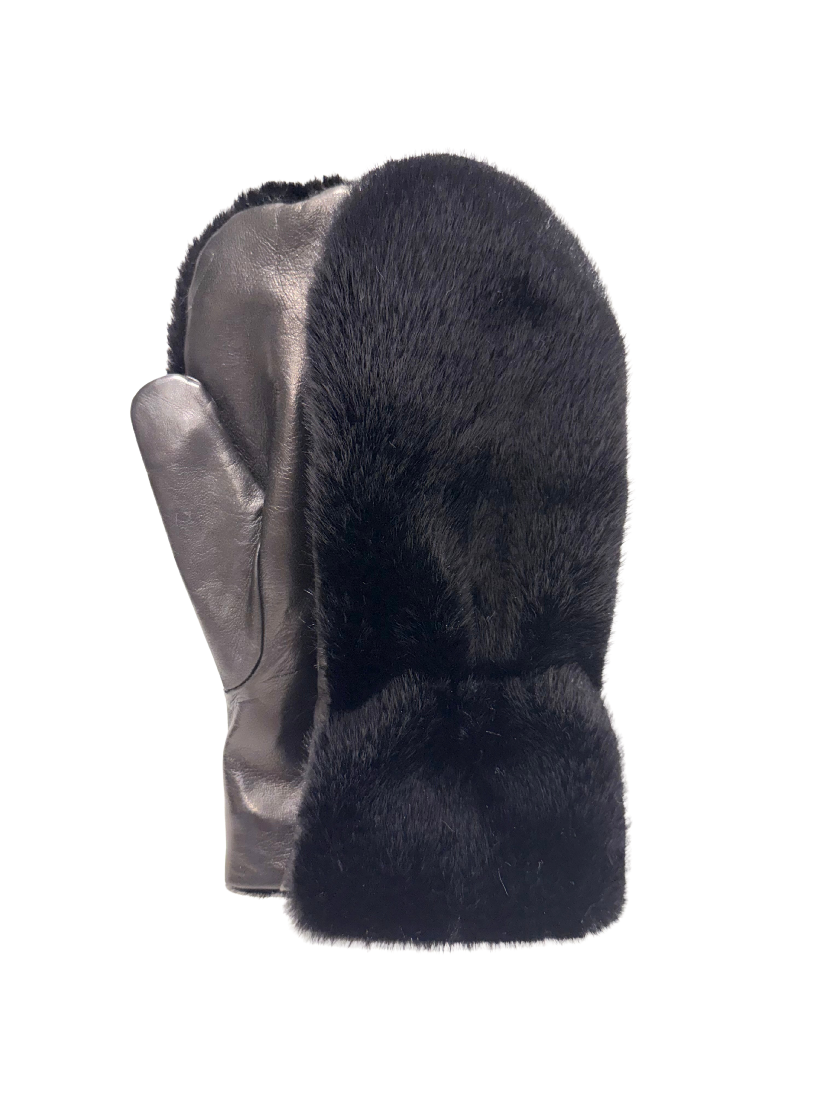 Alpo Leather and Faux Fur Mittens in Black