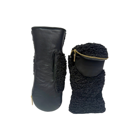 Aristide Zip MIttens in Leather with Fleece Cuff