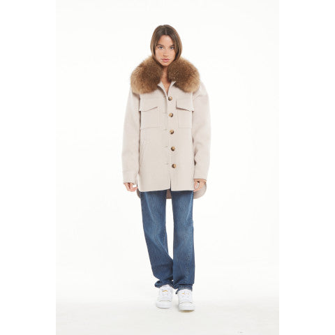Ava Adore Ivory Shirt Jacket with Fur Collar