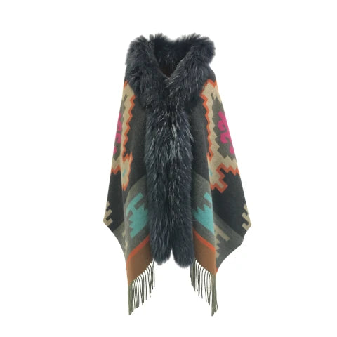 Bazar Deluxe Wool Wrap with Black Fur Trim