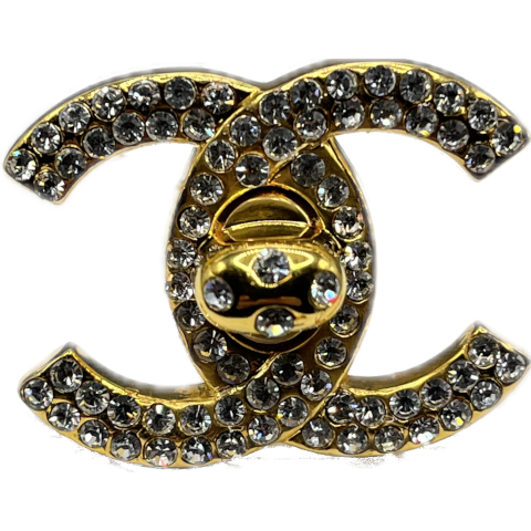 Vintage Chanel Gold CC Turnlock Brooch with Crystals