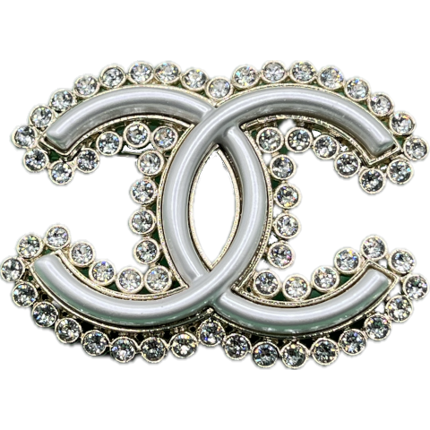 Vintage Chanel White Enamel CC with Rhinestones Border Brooch