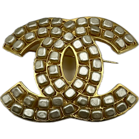 Vintage Chanel Gold CC with Square Pearls Brooch