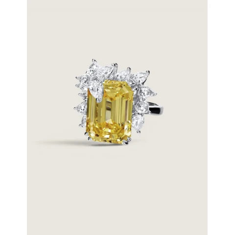 Fantasia Canary Emerald-Cut Ring with Partial Pear Border
