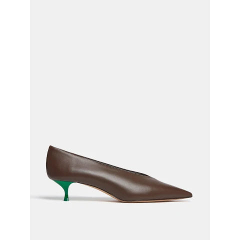 Le Monde Beryl Babouche Kitten Heel in Brown with Green Heel