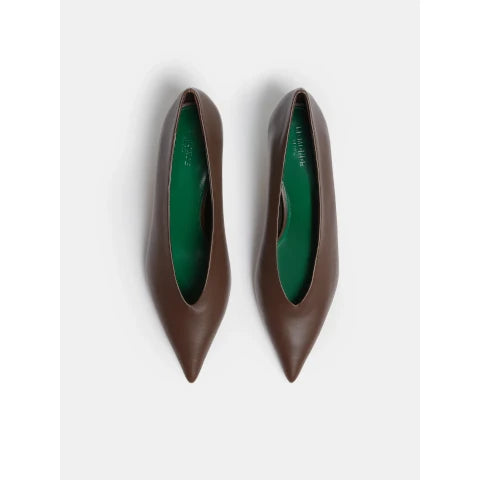 Le Monde Beryl Babouche Kitten Heel in Brown with Green Heel