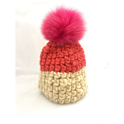 Mischa Lampert Deep Color Block Sunny Beanie with Pink Pom display picture 3