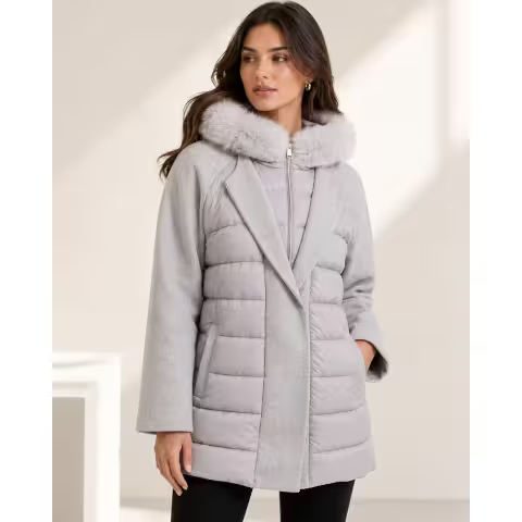 Mitchie's Matchings Grey Nylon Wool Jacket with Fox Trim