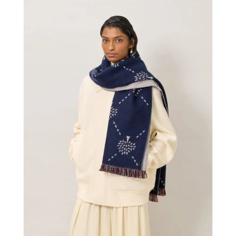 Mulberry Diamond Tree Jacquard Scarf in Night Sky & Eggshell Wool