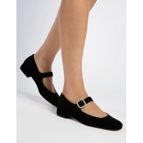 Penelope Chilvers Low Mary Jane Diamonte Velvet Shoe in Black