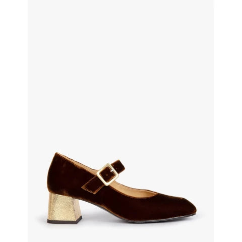 Penelope Chilvers Velvet Mary Jane Brown with Gold Heel