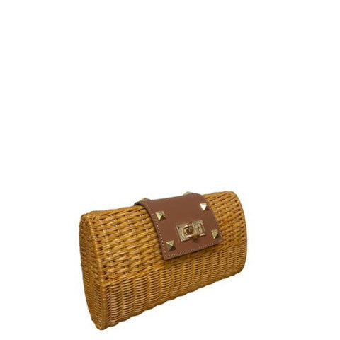 Serpui Hailey Studded Rattan Clutch Bag with leather