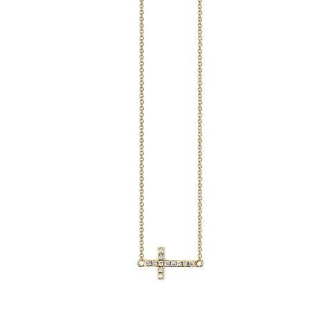 Sydney Evan Gold and Pave Small Sideways Cross Diamond Necklace