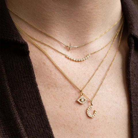 Sydney Evan Gold and Pave Small Sideways Cross Diamond Necklace