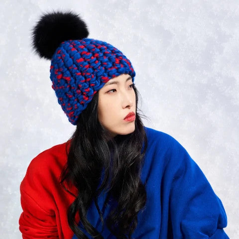 Mischa Lampert Red, Blue Beanie with Navy Pom