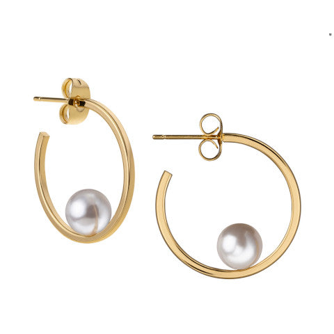 18kt Gold Pearl Hoop Post Earrings