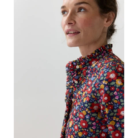 Ann Mashburn Frill Shirt in Navy/Multi Betsy Meadow Liberty Fabric