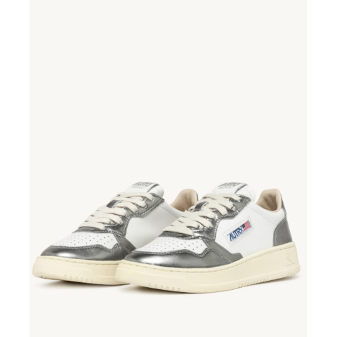 Autry Medalist Low Sneakers in White and Silver Leather