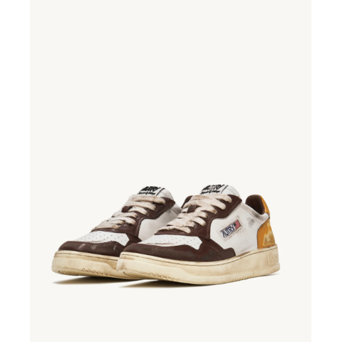 Autry Medalist Low Super Vintage Sneakers in White, Brown and Honey Leather