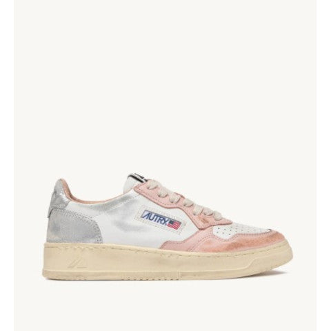 Autry Medalist Low Super Vintage Sneaker in White, Powder Pink and Silver