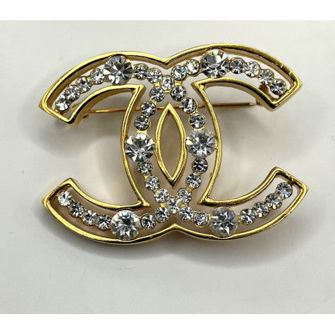 Vintage Chanel Gold CC with Rhinestone Center Brooch