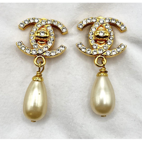 Vintage Chanel Earrings with Crystal CC and Pearl Drop