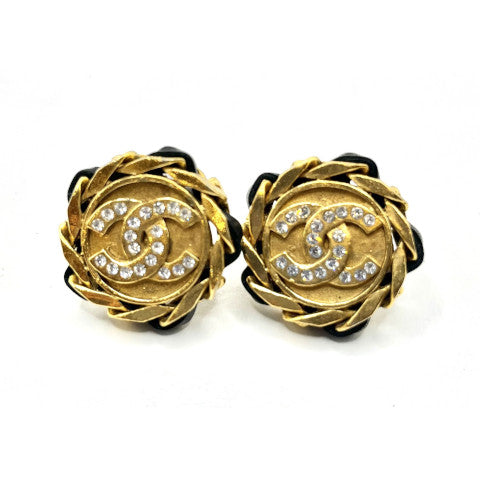 Vintage Chanel Gold and Crystal CC Chain Border Earrings