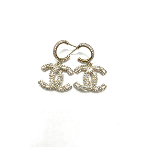 Vintage Chanel Crystal Hoop Earrings With 'CC' Drop