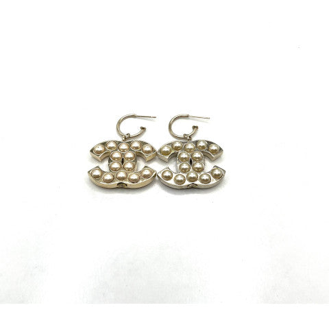 Vintage Chanel Champagne Hoop Earrings with Pearl CC's