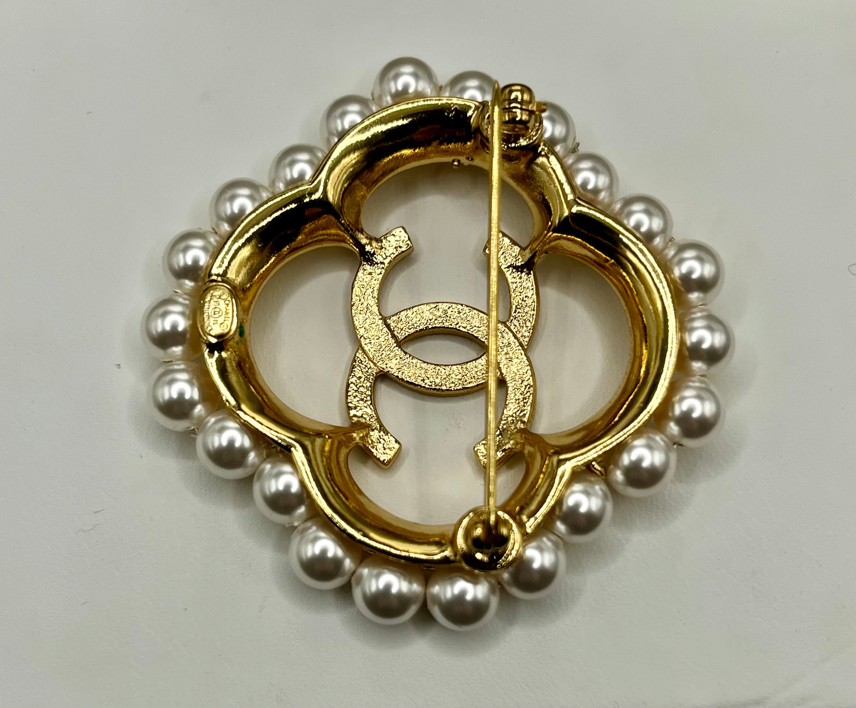 Vintage Chanel Gold CC with Pearl Border Brooch