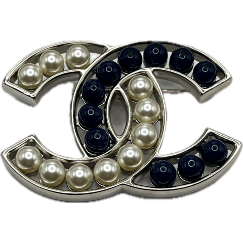 Vintage Chanel Silver CC with Pearls and Navy Beads Brooch