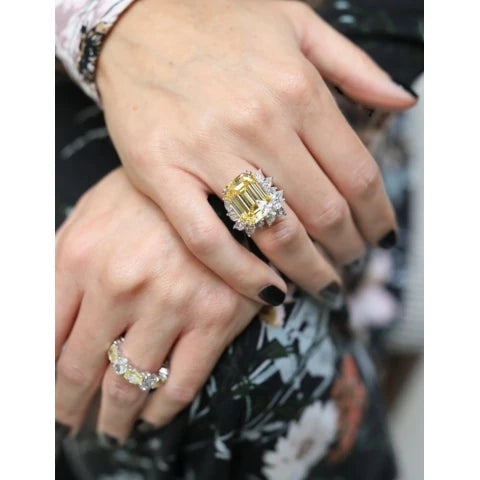 Fantasia Canary Emerald-Cut Ring with Partial Pear Border