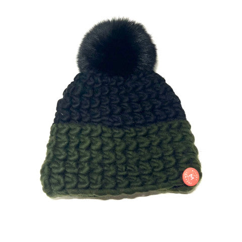 Mischa Lampert Beanie in Black/Dark Olive with Black Pom