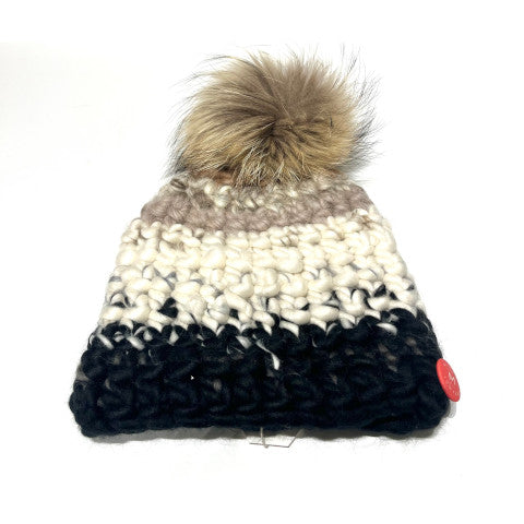 Mischa Lampert Beanie in Brown Black Stripe with Raccoon Pom