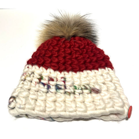 Mischa Lampert Beanie in Cherry Lego with Raccoon Pom