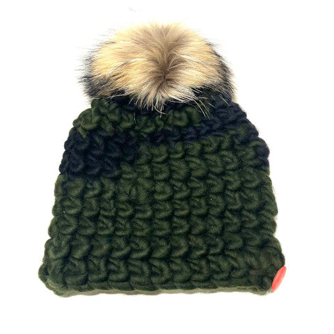 Mischa Lampert Beanie in Dark Camo/Dark Olive with Raccoon Pom