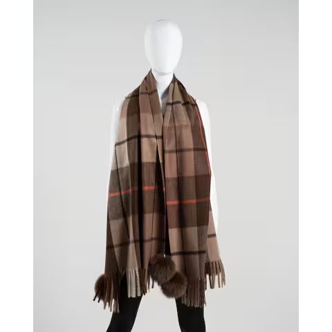 Mitchie's Matchings Brown Plaid Scarf with Fur Poms