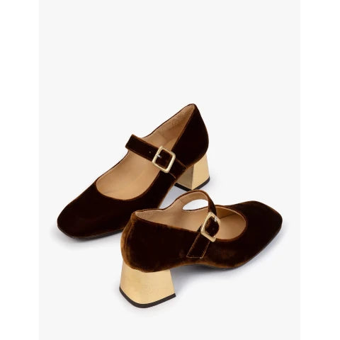 Penelope Chilvers Velvet Mary Jane Brown with Gold Heel
