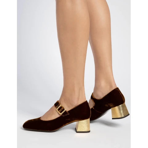 Penelope Chilvers Velvet Mary Jane Brown with Gold Heel
