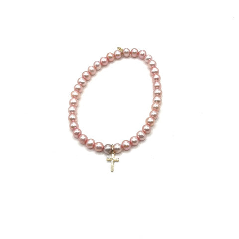 Sydney Evan Rose Potato Pearls Bracelet with Cross Charm