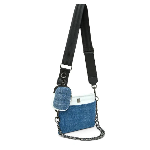 Think Royln Downtown Bag in Denim and White Patent