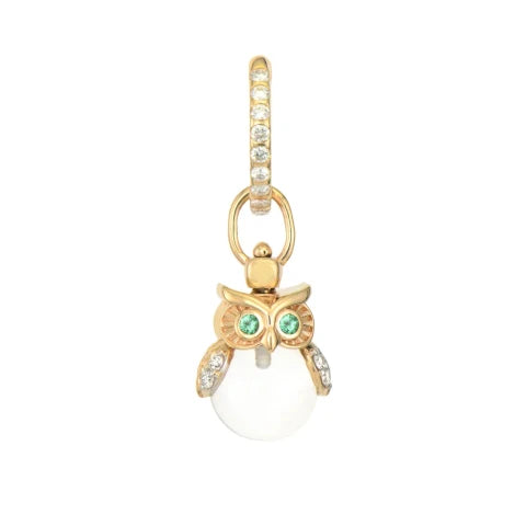 Three Stories Night Owl Charm with Rock Crystal Emerald Eyes