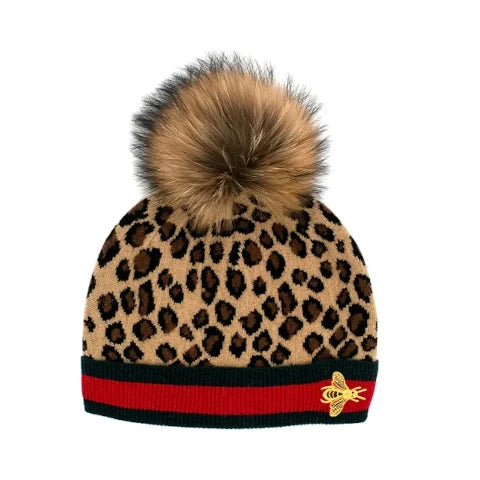Mitches Matchings Brown Animal Print Knit Hat with Bee