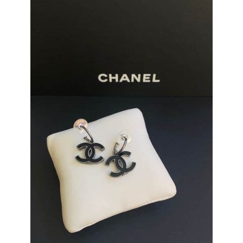 CHANEL Crystal CC Heart Stud Earrings Gold Black 1289915