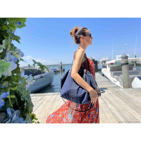 Navy Suede Silver Stripe Dorset Tote at Kempton & Co.