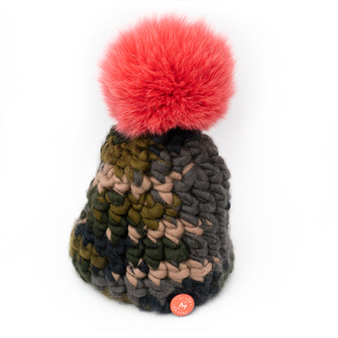 Mischa Lampert Camo Beanie with Coral Fur Pom