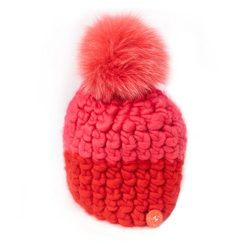 Mischa Lampert wool beanie with fur pom pink coral red Pumpz